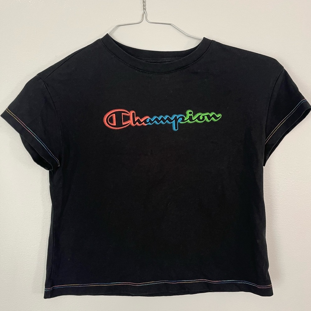Big Girls Champion Short Sleeved T shirt Large (14).Black with Rainbow monogram